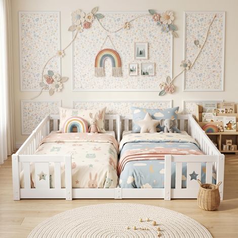 Lit cabane enfant 140x190 cm – Sommier inclus – Barrières de sécurité – Bois pin et contreplaqué – scandinave, Blanc