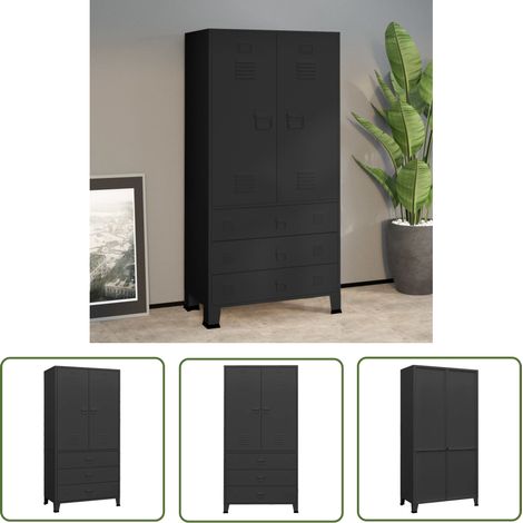 The Living Store Industrial Kleiderschrank Schwarz 90x50x180 cm Metall - Industrieller Kleiderschrank - Metallschrank - Garderobe - Schuhregal - Schwarze Kommode (1/5)