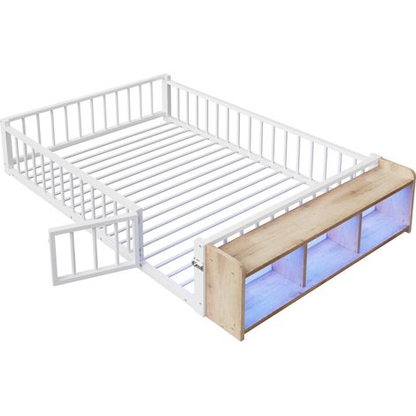 Cama infantil de metal 140 x 200 cm con barandilla, almacenaje abierto y LED, blanco (1/5)