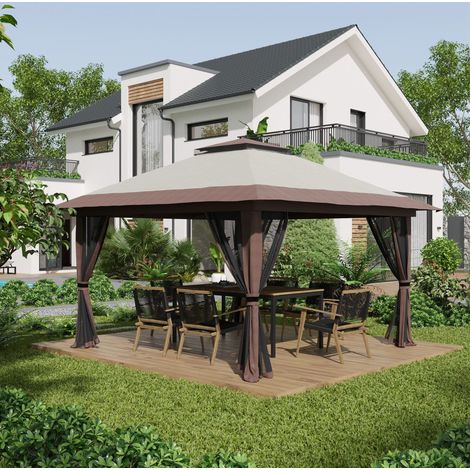 Pabellón de jardín plegable 392x392x283 cm de poliéster beige con doble techo – MEUBLIV (1/5)