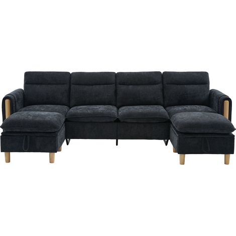 ELVMI Sofá Panorámico en U de 4 Plazas Modular con Almacenamiento y Bolsillos Laterales, Patas de Madera Maciza, Chenilla Negra (1/5)