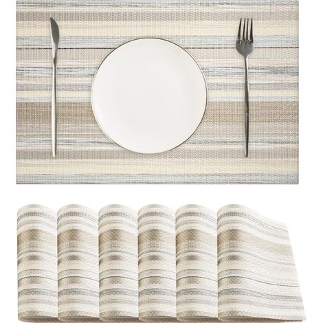 Textile Placemats Set of 6 - Heat Resistant Non-Slip Wipeable Place Mats for Party/Indoor/Outdoor Kitchen Dining Table, Washable Durable Woven Table Mats(Beige, 6)