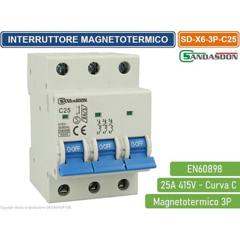 SANDASDON INTERRUTTORE MEGNETOTERMICO PER BARRA DIN 3 MODULI 3P 415V CURVA C 6KA 25A (1/2)