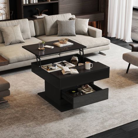 Table café rotatif 70 x 70 x 45 cm, plateau relevable avec tiroir et rangement caché, noir laqué (1/5)