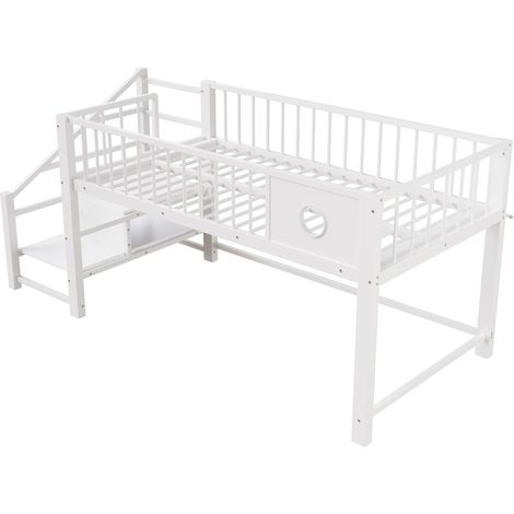 Cama alta infantil 90 x 200 cm con escalera de almacenaje, estructura de metal y MDF, blanca (1/5)