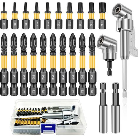 Lot de 24 porte-embouts magnétiques Torx et forets d'angle - 2 rallonges d'embout à changement rapide - 20 embouts de vissage hexagonaux - 2 embouts de visseuse d'angle - Avec boîte (1/5)