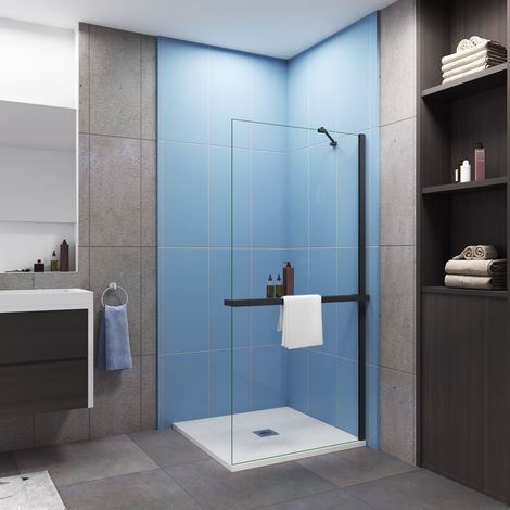 Paroi de douche à l'italienne 100x200cm installé avec une de barre de fixation d’angle de 45cm,livré avec étagère de douche noir