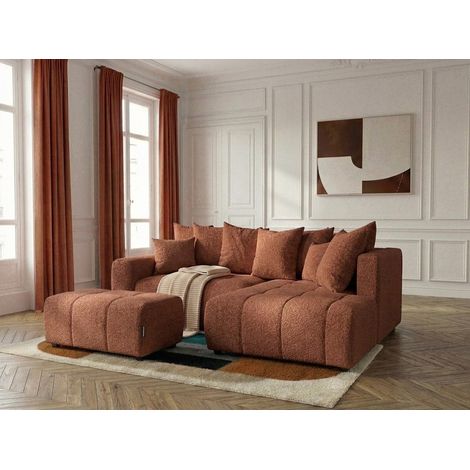 BOBOCHIC - Canapé d'angle L convertible coffre ROXELANE tissu bouclette avec pouf Angle droit Orange (1/4)