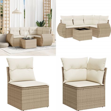 5-tlg. Garten-Sofagarnitur mit Kissen Beige Poly Rattan - Gartenmöbel Set - Esszimmergarnitur Outdoor - Lounge Möbel - Rattan Gartenset - Gartenlounge - Home & Living (1/5)