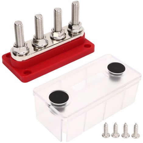 Bloc de Distribution d'énergie à 4 poteaux, barre de Bus de batterie à goujons M10 de 3/8 pouces avec couvercle DC12V à 48V 300A pour voitures, bateaux, camping-cars rouge (1/5)
