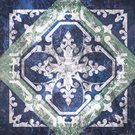 Tableau moderne effet carreaux de ciment | Tableau sur toile blanc, bleu et vert pour salle de bain | Tableau original à motif oriental 0,5 x 0,5 m (1/2)