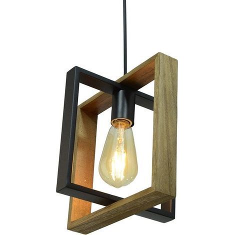 Suspension industrielle Wooli à 1 ampoule e27. C-CREATION. 60W diam. 24 cm. métal noir et bois (1/2)