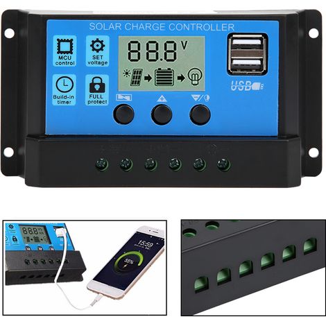 Régulateur bleu 40 A, contrôleur de charge automatique PWM avec écran LCD et double sortie USB, connexion à un système photovoltaïque. (1/5)