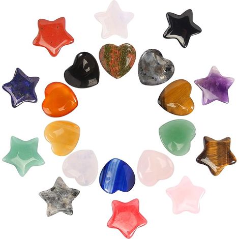 Lot de 20 pierres précieuses en forme d'étoile et de cœur - Pierres précieuses naturelles - Pierres porte-bonheur - Étoiles colorées - Cœurs - Pour décoration de méditation Reiki (1/5)