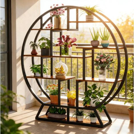 REDOM estantería para plantas (150x30x158 cm), 8 baldas, diseño redondo escalonado, metal y madera, negro y marrón rústico (1/5)
