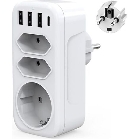 USB-C-Wandsteckdosenleiste mit 4000 W, Multi-USB-Ladegerät mit 3 USB- und Typ-C-Anschlüssen, 1 Schuko-Steckdose und 2 Steckdosen