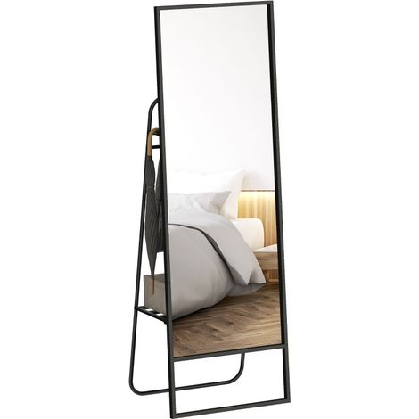 Ganzkörperspiegel, industrielles Design, hinteres Regal, 2 Haken, Metallrahmen, für Schlafzimmer, 157 x 50 cm, Schwarz (1/5)