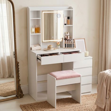Coiffeuse avec LED, Tabouret, 3 Luminosités Réglables, Loupe 10x, Tiroirs, Compartiments Ouverts, Blanc (1/5)