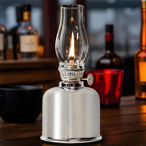Lampe à pétrole pour intérieur - En métal et verre - Pour l'intérieur - Coupe-vent - Rétro - Luminosité réglable - Pour urgence, jardin, salle à manger - Argenté (1/5)