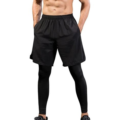 Pantalon de sport homme 2 en 1 - Running et fitness avec legging respirant et poches pour activités extérieures - Noir Taille L (1/5)