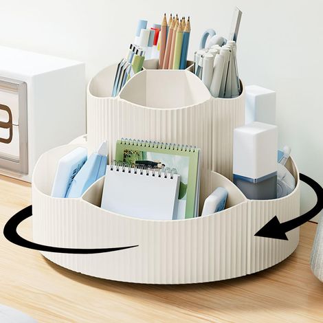 Porte Stylo Rotatif Organisateur de Bureau à 360 Degrés avec 11 Compartiments Pot à Crayon Multifonctionnel pour Classe Maison (Beige) (1/5)