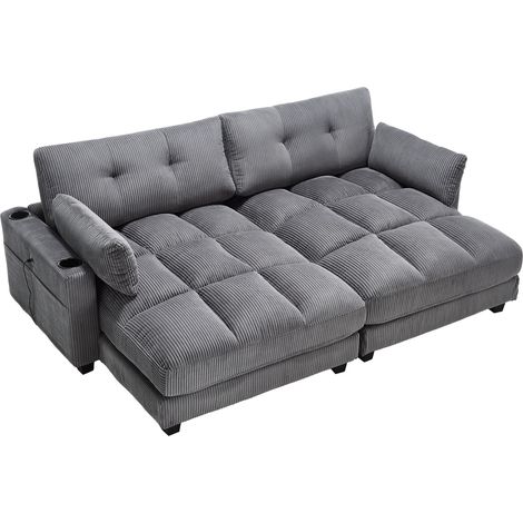 Sofá de 2 plazas de pana gris, modular, con 2 cojines, portavasos y USB (1/5)