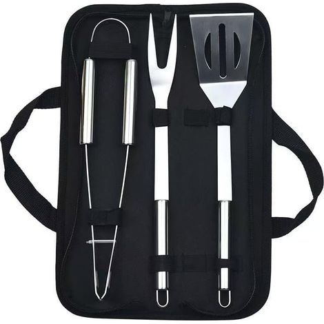 Set de 3 Pièces - Ensemble Ustensiles Barbecue Acier Inoxydable, avec Sac Toile, Portable Extérieur Camping (1/2)