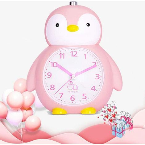Réveil enfant, Pingouin Snooze, veilleuse puissante, à piles, sonneries musicales et d'accords, silencieux (sans tic-tac), rose, idéal pour la chambre ou le bureau des filles. (1/5)