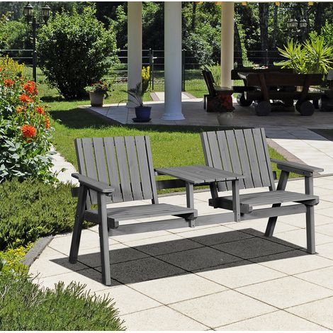 Gartenbank aus Holz grau mit Armlehnen, Ablagetisch und Schirmloch (1/5)