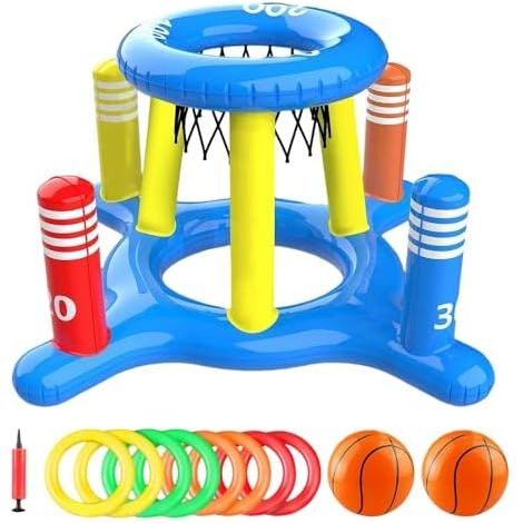 Aufblasbare Pool Basketballkorb mit Ringwurfspiel, Aufblasbare Pool Spielzeug Float, Wasserspielzeug, Schwimmender Basketballkorb mit 2 Bällen & 8 Wurfringen, Poolspiel für Sommer, Poolparty (1/5)