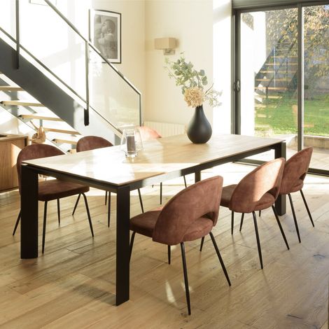 TOM - Lot de 2 chaises dossier ouvert tissu velours marron pieds noir (1/5)