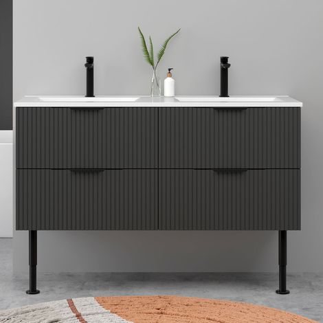 Meuble de salle de bain suspendu Strié 120cm avec pieds + poignées + double vasque + 4 tiroirs, Anthracite