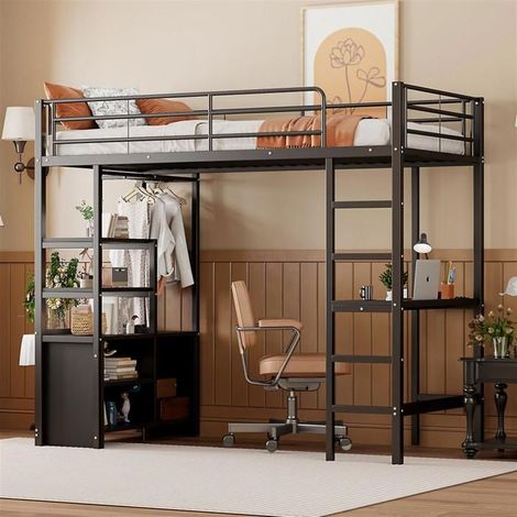 Lit mezzanine - Noir - 90x200 cm - Bureau intégré - Prises USB - Étagères de rangement (1/5)