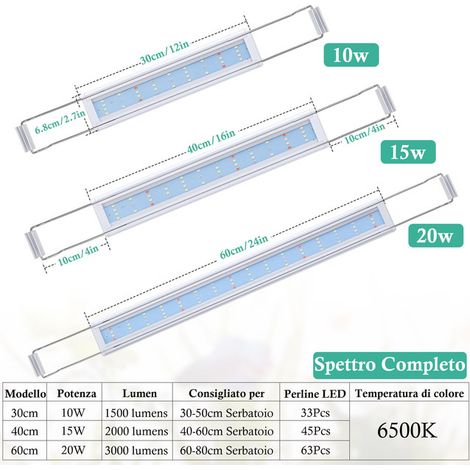 Éclairage LED pour Aquarium Lampe Spectre Complet avec Minuteur Lumière Blanche 6500K pour Plantes Aquatiques