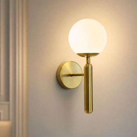 Applique murale LED design moderne, abat-jour blanc lait et doré, métal et verre, E27, lumière chaude sans scintillement, Ø13xH32cm (1/5)