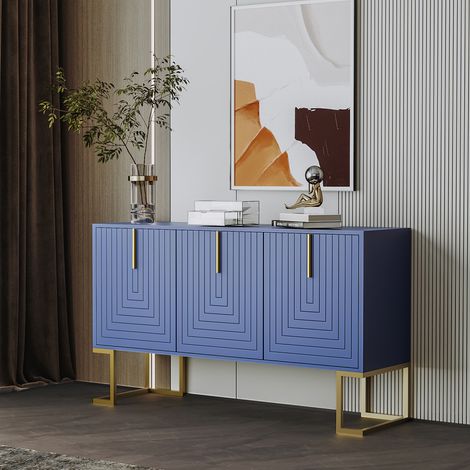 Aparador de 3 puertas de MDF azul marino con estantes ajustables, base metálica y tiradores dorados (1/5)