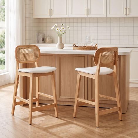 Wahson Bar Stools 2Pcs Upholstered in PU Leather Retro Rustic Counter Chairs with Wood Legs for Home Bar Kitchen Restaurant, White (1/5)