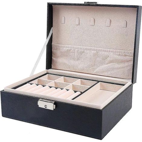 Boîte à bijoux en cuir PU à 2 compartiments avec serrure - Coffret de rangement pour colliers, boucles d'oreilles, bagues, bracelets et accessoires - Cadeau pour filles et femmes (1/5)