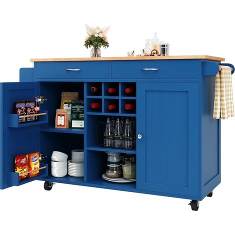 Îlot de cuisine moderne (102×45×92 cm), meuble de cuisine, buffet, chariot de service à motif bois, meuble buffet multifonction avec espace de rangement, bleu (1/5)