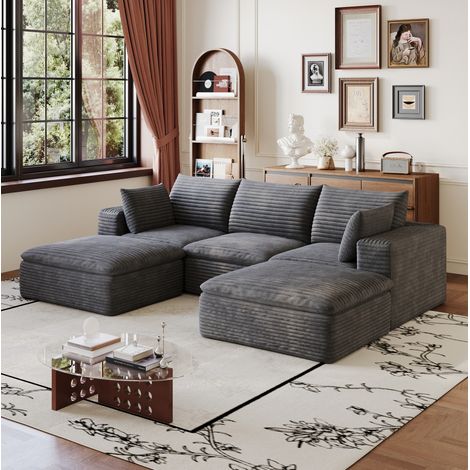 Sofá rinconero modular de 260 cm en tejido de pana gris oscuro, sin montaje, OKWISH (1/5)