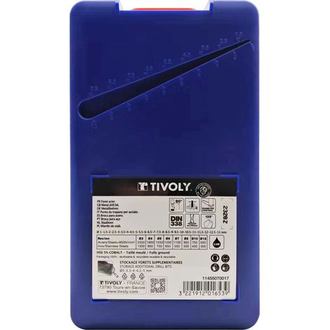 Tivoly • Box G 25pz Punte HSS E5, taglio cilindrico corto rettificato. Punto incrociato. Contiene Ø da 1 a 13 mm per 1/2 mm
