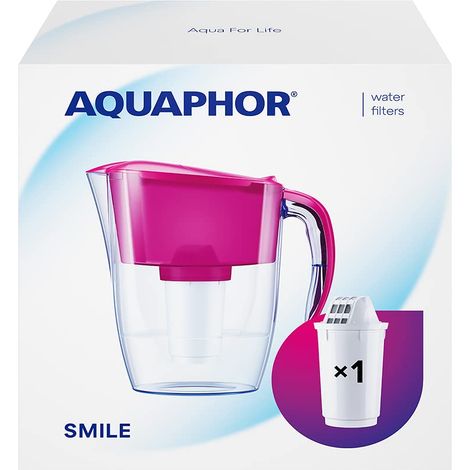 AQUAPHOR Smile, caraffa filtrante per acqua, salvaspazio, leggera, adatta per frigorifero con capacità di 2,9 l, 1 filtro A5 incluso con aggiunta di magnesio, riduce il cloro e le microplastiche, (1/4)