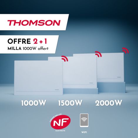Lot 2+1 Radiateurs électriques fixe connecté WiFi à inertie sèche céramique avec thermostat interchangeable THOMSON MILLA horizontal blanc