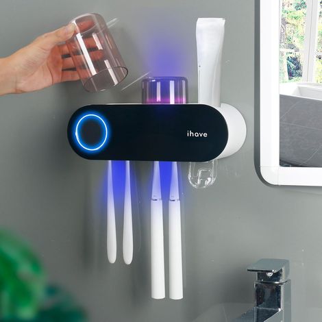 Support Brosse a Dent Electrique sans Perçage avec Stérilisateur UV et Distributeur de Dentifrice – Porte-Brosse à Dents Mural, Désinfection UV-C et UV-A pour Salle de Bain, avec 2 Gobelets (1/5)