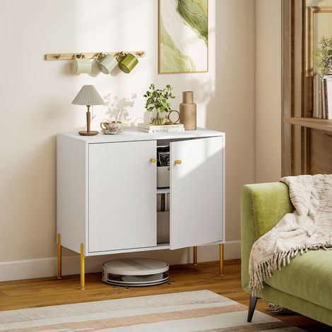 Buffet salon, meuble de rangement avec double porte cannelée, étagère réglable, pieds en acier, 80 x 39,1 x 76 cm, blanc (1/5)