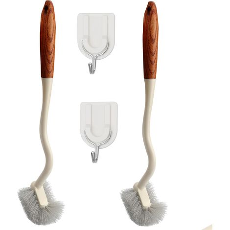 2 brosses à toilette à manche long, brosse de toilette à manche en bois, brosse de nettoyage incurvée à design angulaire, pour un nettoyage en profondeur (1/5)