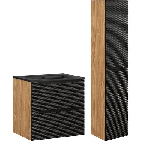 Conjunto de muebles con lavabo individual encastrado 60 cm y columna Elora Negro y madera (1/4)