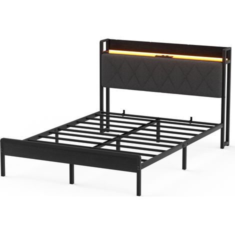 Cama tapizada 140 x 190 cm con estación de carga, LED y almacenaje gris oscuro HOMVRA (1/5)