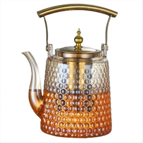 théière rétro à poignée en cuivre et à grande capacité, avec embouts larges. Théière en verre borosilicate de haute qualité.