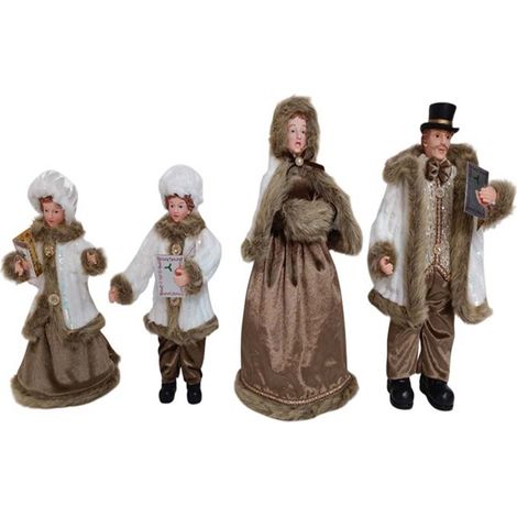 Set 4 Cantori Natalizi Decorativi con Pelliccia famiglia in coro cantanti natale Abiti Bianco Beige Oro Decorazioni Raffinate in Tessuto eleganti e particolare grandi da 30 a 45